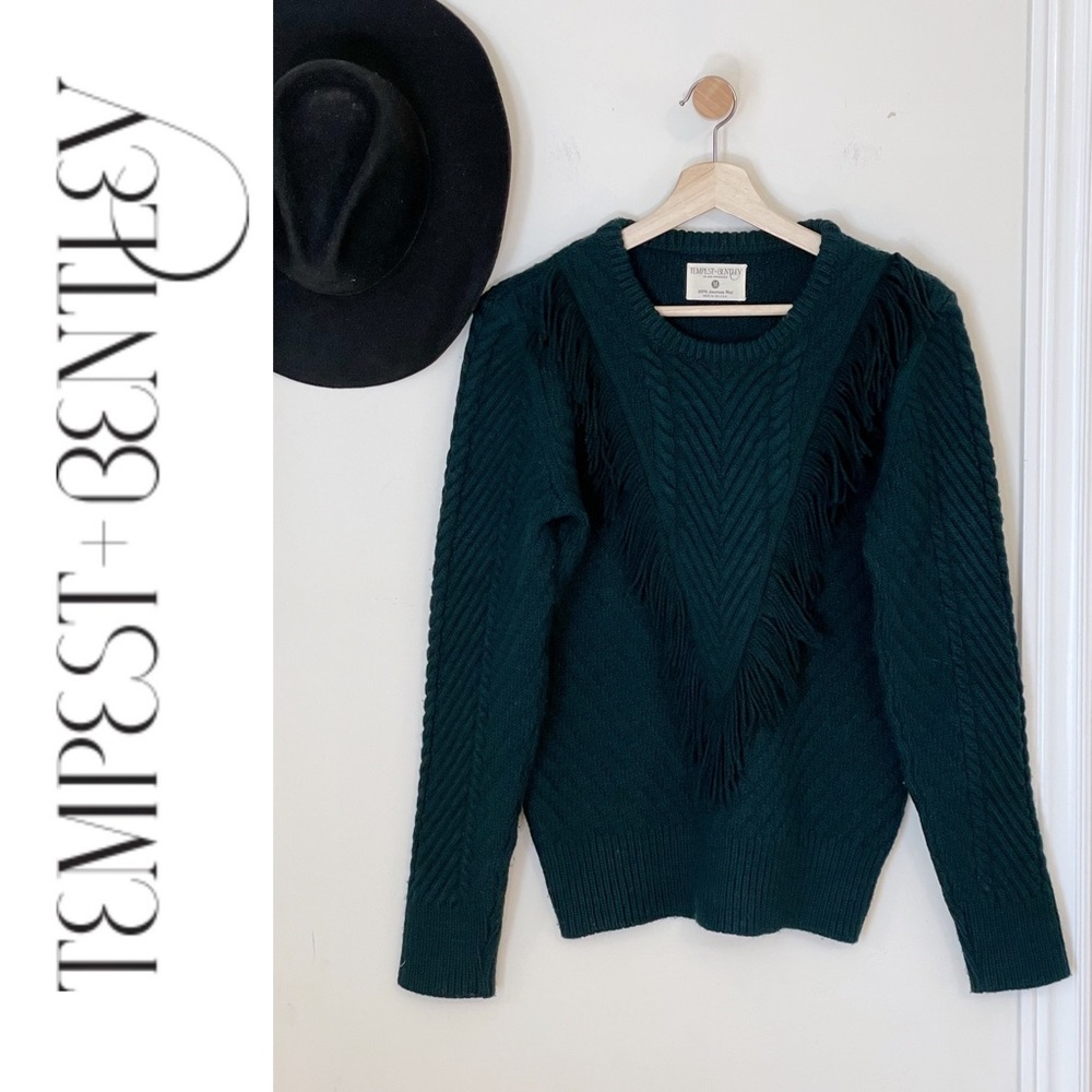 Tempest + Bentley like new forest green American wool fringe sweater size medium